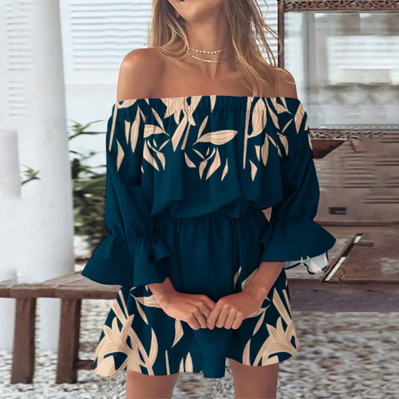 Women Floral Print Mini Dresses 2023 Summer Sexy Off Shoulder Flare Sleeve Tunic Dress Female Casual Boho Beach Dress Vestidos