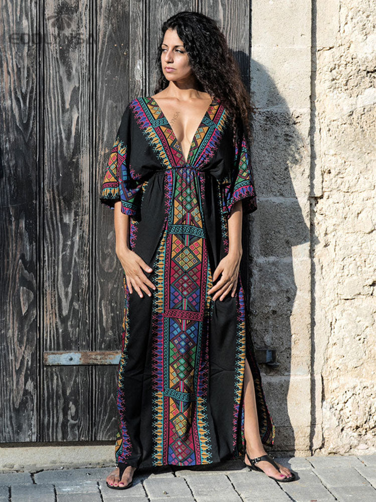 2023 Sexy Cold Shoulder V Neck Bats Sleeve Loose Summer Beach Dress Plus Size Women Beachwear Kaftan Black Dresses Q943