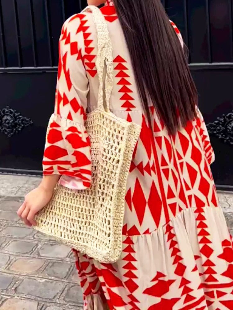 Retro Print Shirt Dress Women Button Up Long Blouse Dress Ladies Oversize Loose Dress Female Fashion V Neck Long Sleeve Dress