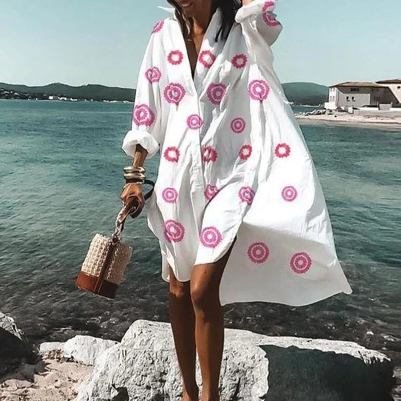 Fashion Women&#39;s Shirts Dress Spring Summer New Casual Printed Lapel Buttons Irregular Dress Beach Long Sleeve Sexy Party Dresses