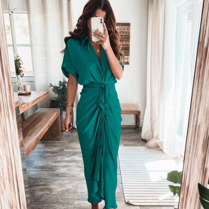 Elegant Women Dresses 2023 Summer Fashion Printed Short Sleeve Shirt Dress Vintage Waist Tie-up Button Bandage Long Dress Robe