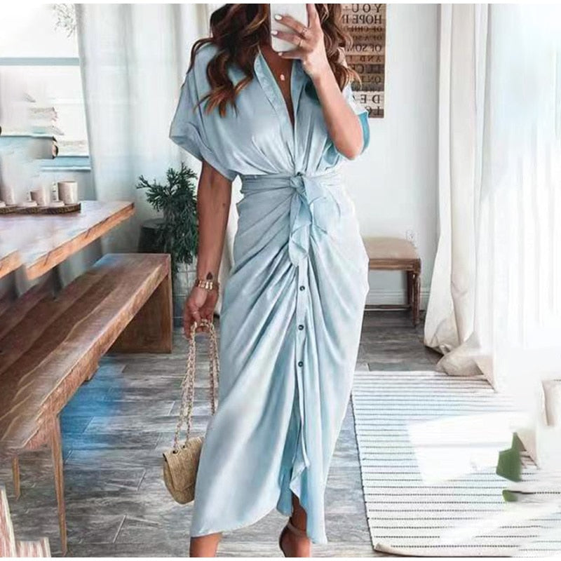 Women Elegant Shirt Dress Summer Fashion Printed Button Ruched Bandage Long Dresses Female Solid V Neck Beach Dress Casual Robe