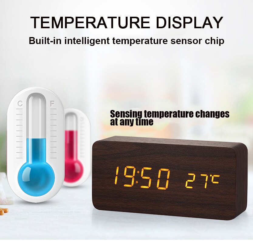 Alarm Clock Table Clock LED Digital Wooden USB/AAA Powered Desk Clock Temperature Humidity Voice Control Electronic Home Decor