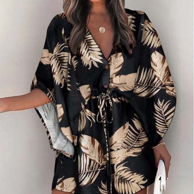 Women Batwing Sleeve Dresses Boho Leaf Print V-Neck Irregular Loose Mini Dress Female Sexy Lace-Up Waist Beach Dress Vestido