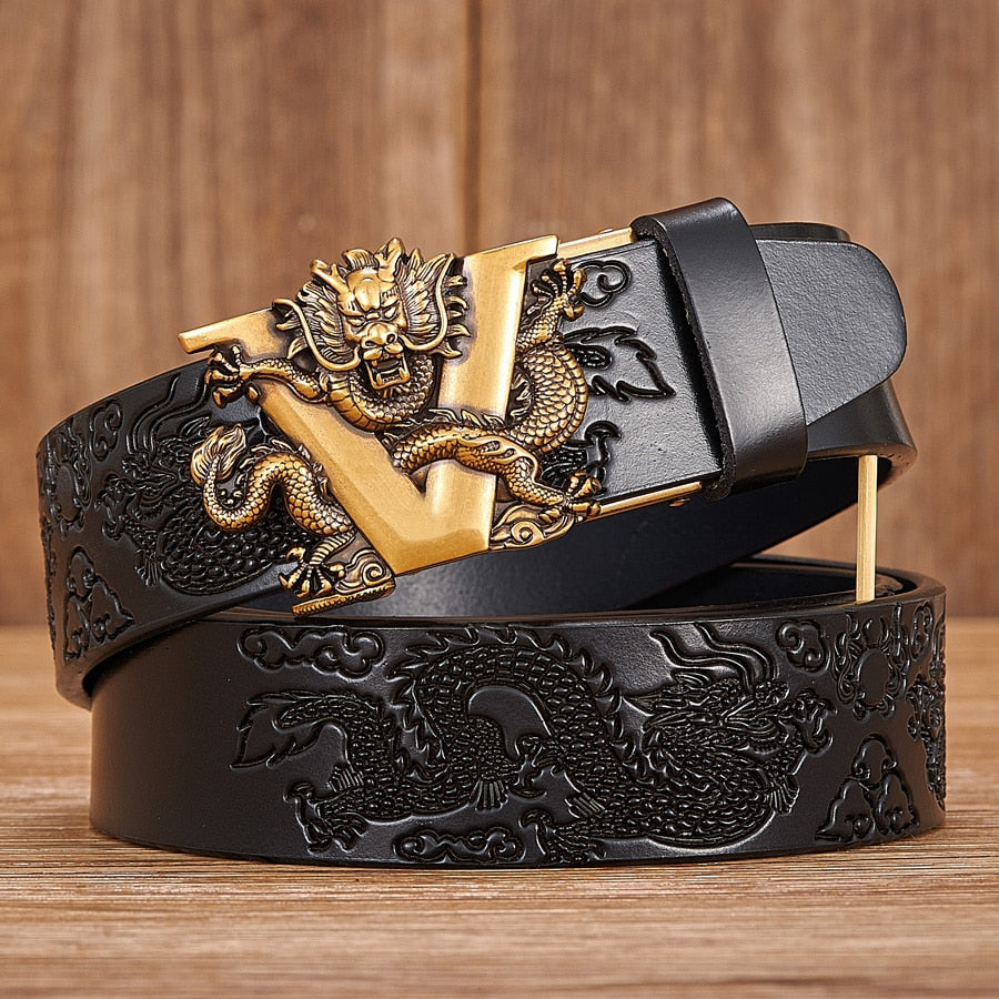 New Male China Dragon Belt Cowskin Genuine Leather Belt for Men Carving Dragon Pattern Automatic Buckle Belt Strap For Jeans