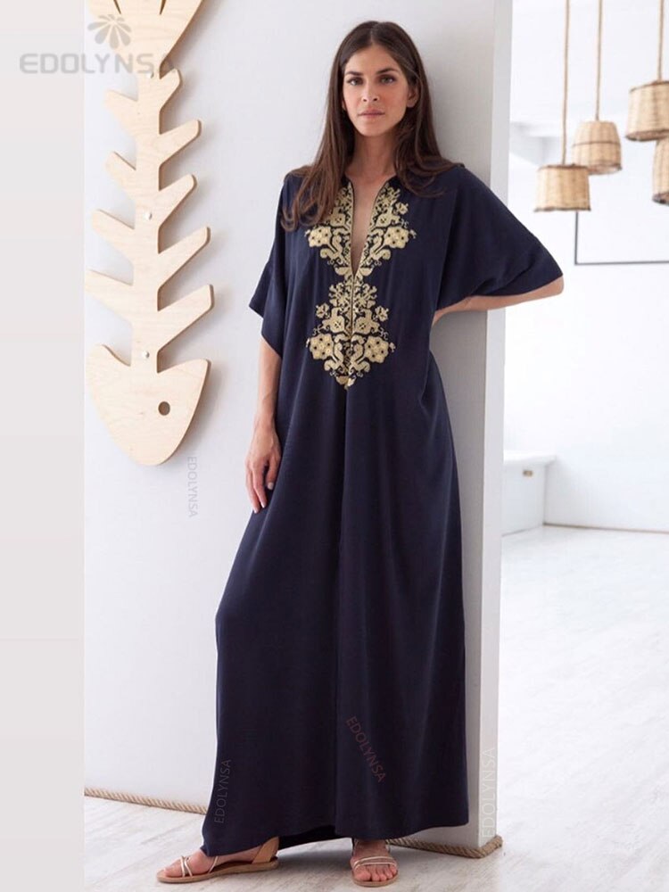 2023 Sexy Cold Shoulder V Neck Bats Sleeve Loose Summer Beach Dress Plus Size Women Beachwear Kaftan Black Dresses Q943