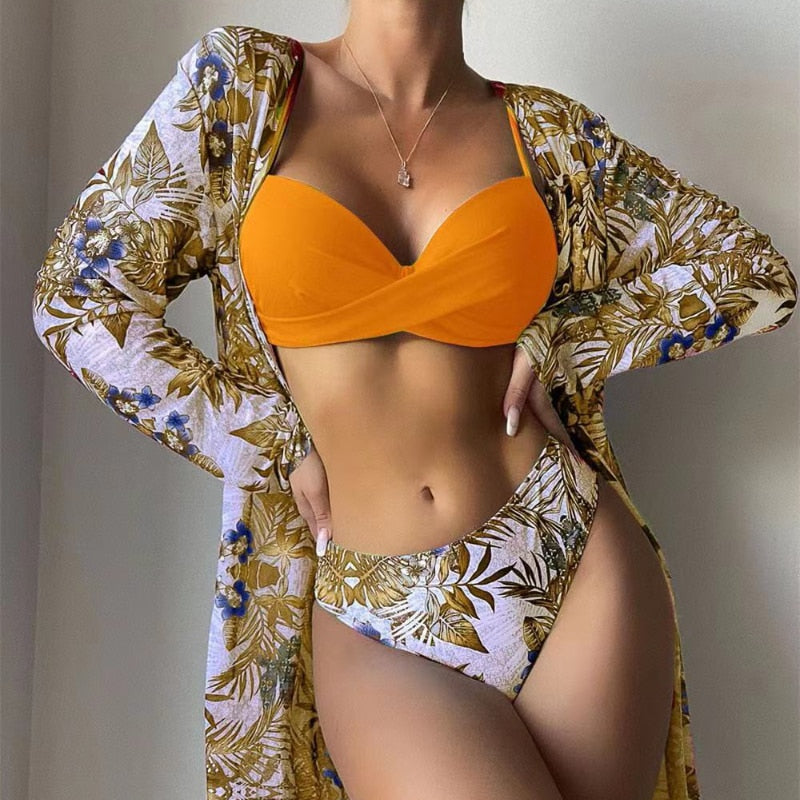 New Sexy Low Waist Bikini Three Piece Mesh Long Sleeve Shawl Blouse Split Body Tight Print Small Fresh Beach Swimsuit