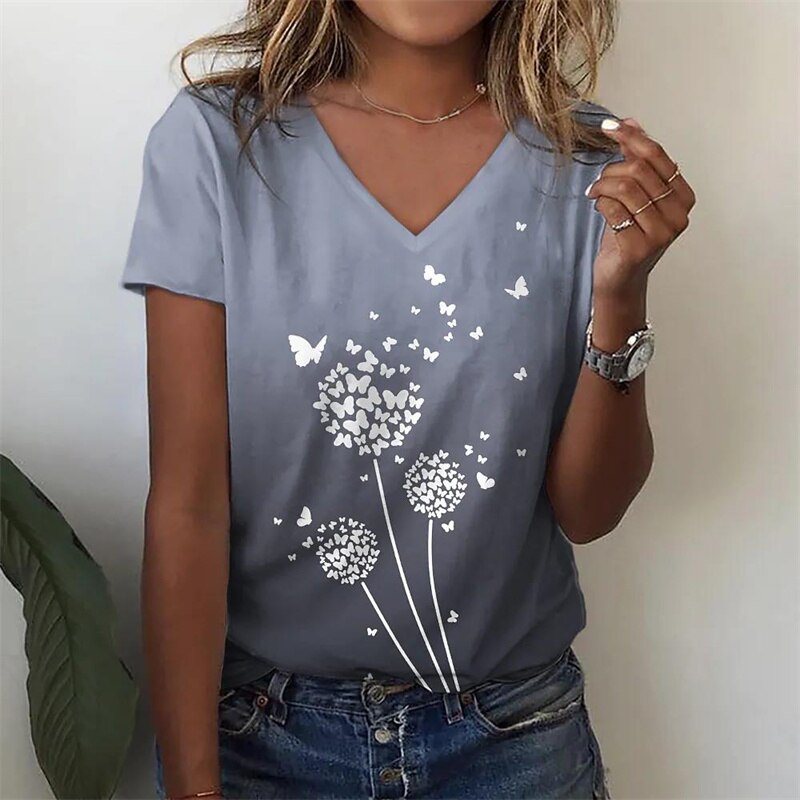 Summer Women Short Sleeve V-neck Oversized T Shirt for Women White Fashion Ladies T-shirt 3d Dragonfly Print Top Casual Clothes