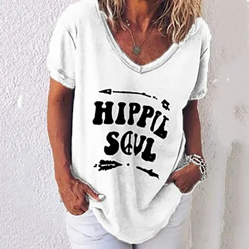 Summer Women T Shirt Letter Print Solid Clothing V Neck Short Sleeve Basic Tops Streetwear Tees Fashion Oversized Girls T-shirts