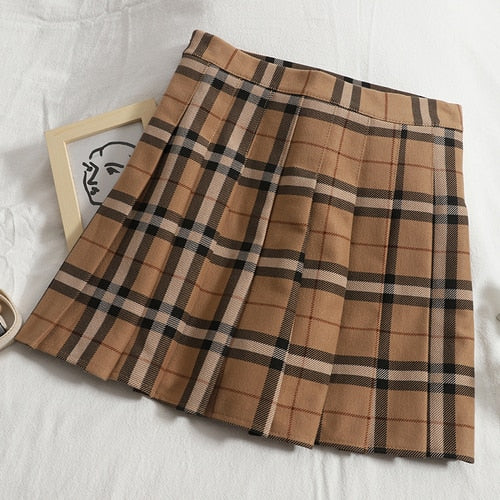 Contrast Color Plaid Striped Skirt Korean Version of Pleated Skirt Autumn High Waist A Line Plaid Mini Skirt Student Style Sweet