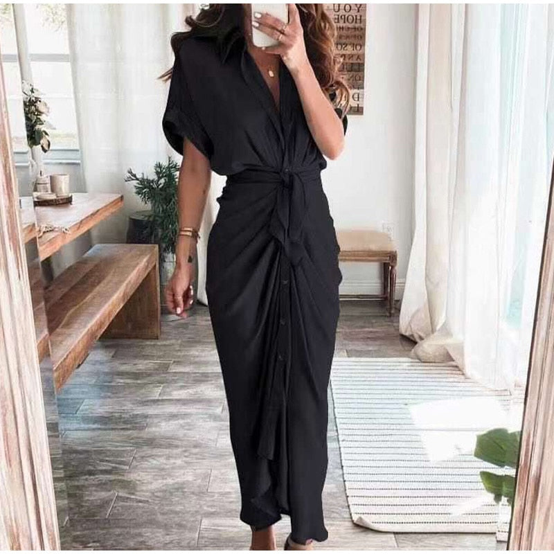 Elegant Women Dresses 2023 Summer Fashion Printed Short Sleeve Shirt Dress Vintage Waist Tie-up Button Bandage Long Dress Robe