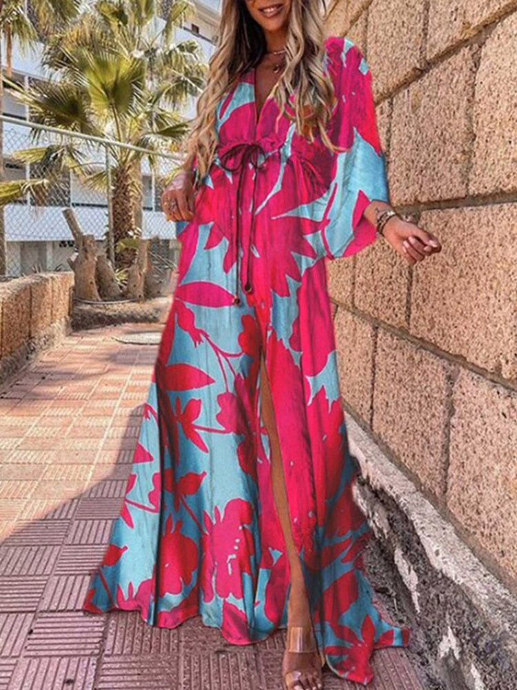 Summer Print Casual Women Dresses Oversized Holiday Beach Dress Boho Long Cover-Up Dress Female Long Sleeve Loose Tunic Dress