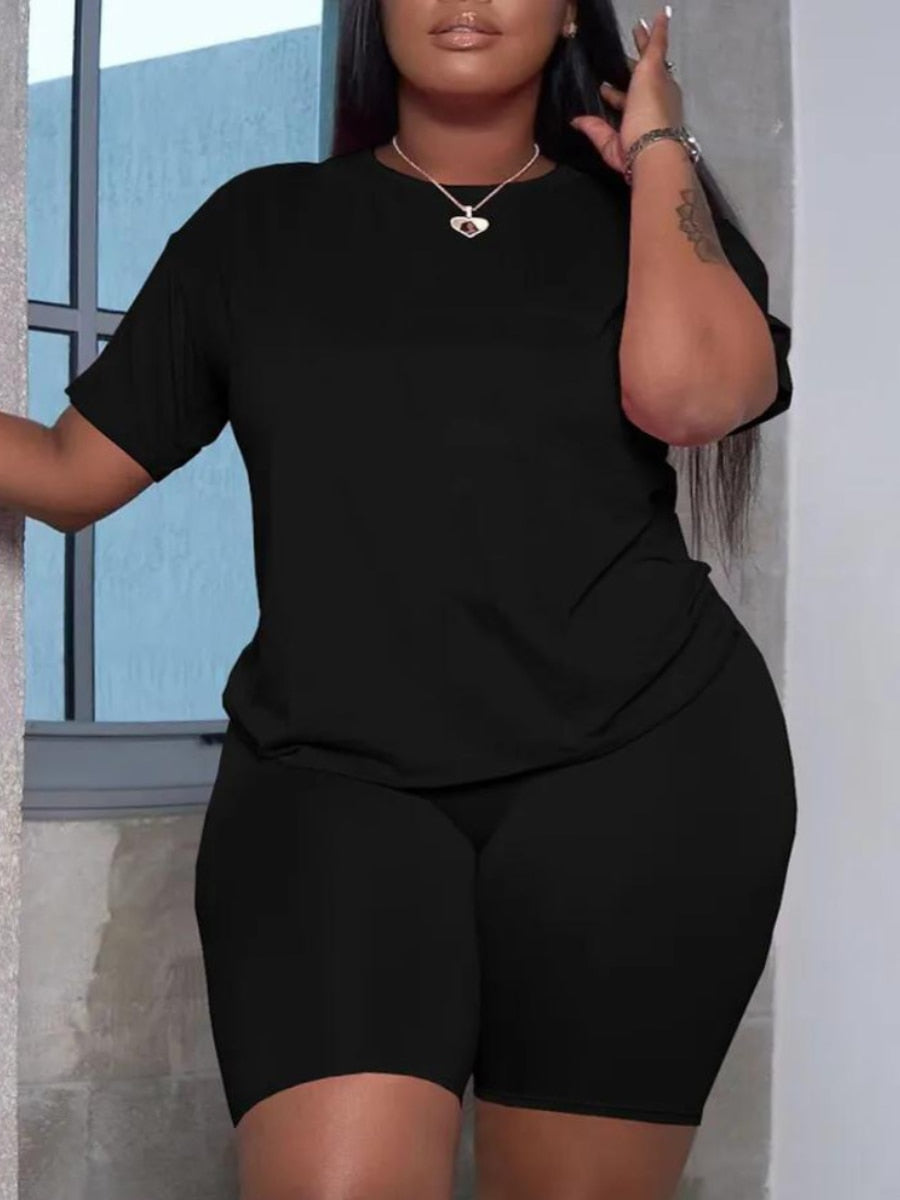 LW Plus Size Summer Women's Suit Short Sleeve Top and Pants Two-piece set Casual women sportswear set Slim Two-piece Suit