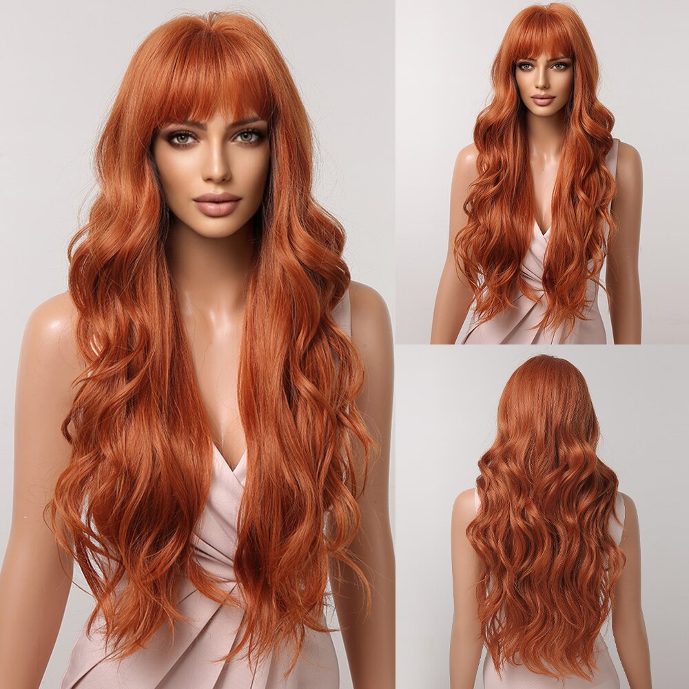 HAIRCUBE Brown Mixed Blonde Synthetic Wigs with Bang Long Natural Wavy Hair Wig for Women Daily Cosplay Use Heat Resistant