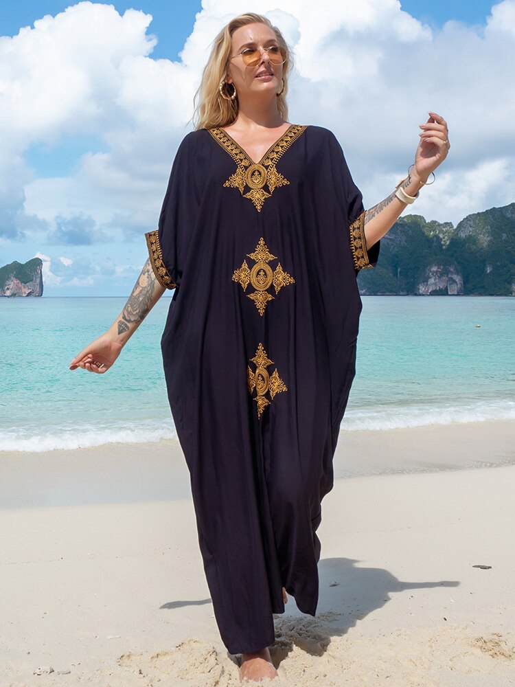 2023 Sexy Cold Shoulder V Neck Bats Sleeve Loose Summer Beach Dress Plus Size Women Beachwear Kaftan Black Dresses Q943