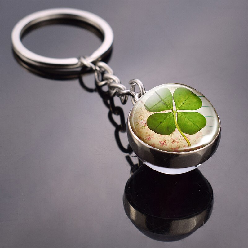 Clover Keychain Four Leaf Clover Glass Ball Double Side Pendant Metal Keyring Lucky Jewelry Gift for Men Dropshipping