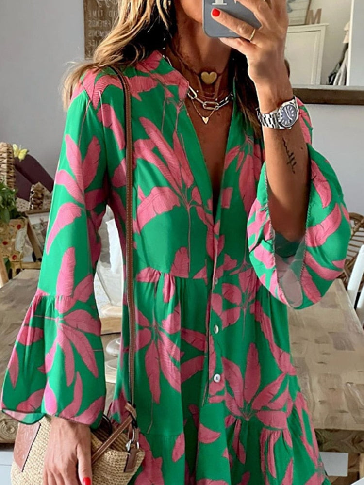 Elegant Boho Print Dress Women V-neck Flare Sleeve Casual Loose A-line Dress 2023 Spring Ladies Vacation Shirt Dresses Vestidos