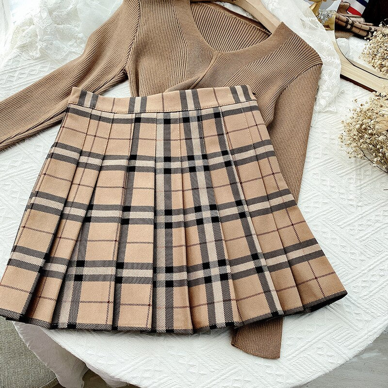 Contrast Color Plaid Striped Skirt Korean Version of Pleated Skirt Autumn High Waist A Line Plaid Mini Skirt Student Style Sweet