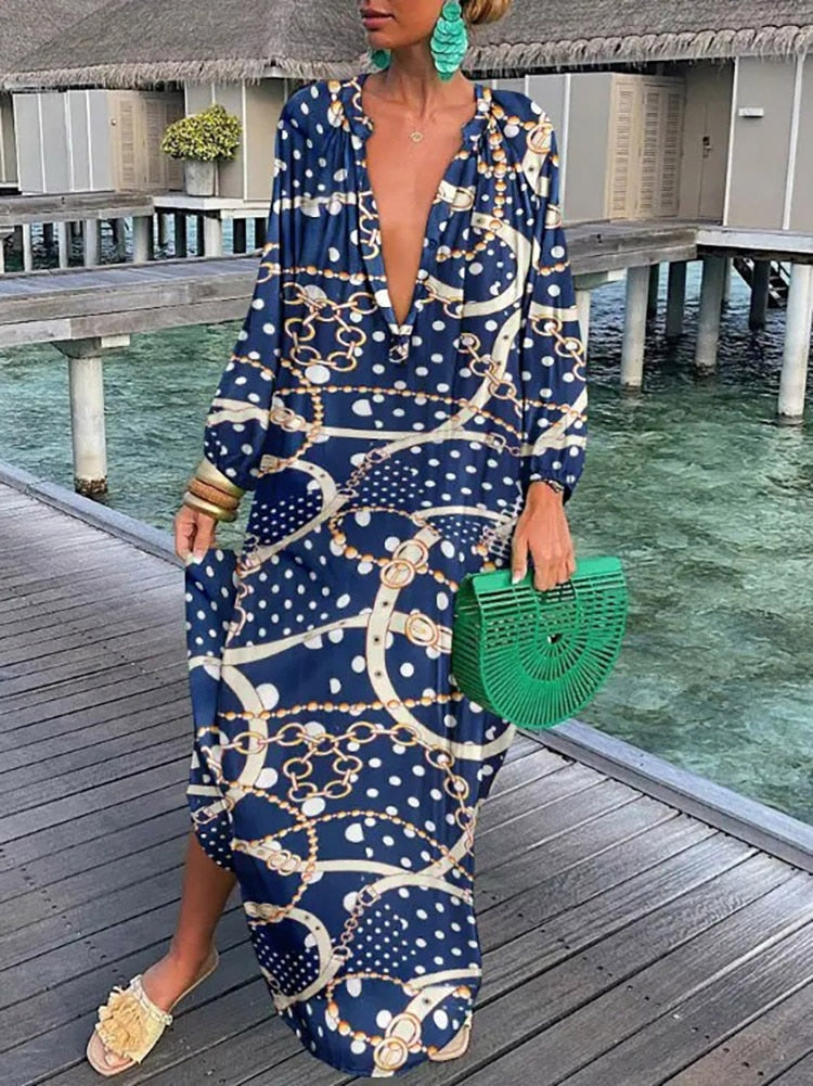 Women Floral Print Maxi Dress Casual Loose V Neck Long Sleeve Ankle-length Vestidos Spring Summer Elegant Holiday Shirt Robe