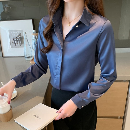 2023 Spring Women's Shirts Satin Blouse for Women Long Sleeve Shirt Silk White Shirt OL Woman Solid Blouses Pullover Ladies Tops