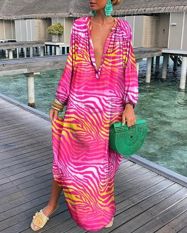 Women Sexy Deep V-Neck Maxi Dresses Bohemian Lantern Sleeve Printed Long Dress Female Vintage Holiday Loose Beach Cover Up Robe