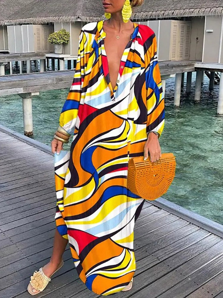 Women Floral Print Maxi Dress Casual Loose V Neck Long Sleeve Ankle-length Vestidos Spring Summer Elegant Holiday Shirt Robe