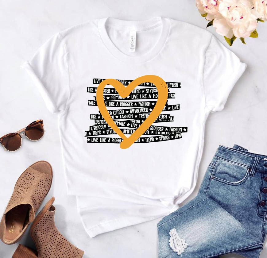 Heart Flower Print Womens T-Shirt Ladies Casual Basis O-Collar White Shirt Short Sleeve Ladies T-Shirt Love Graphic Printing