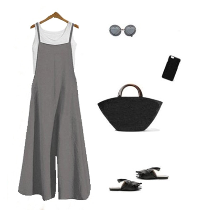 Casual Woman Jumpsuits 2023 Summer Solid Cotton Linen Straps Wide Leg Pants Comfort Pockets Sleeveless Bib Overalls Long Rompers