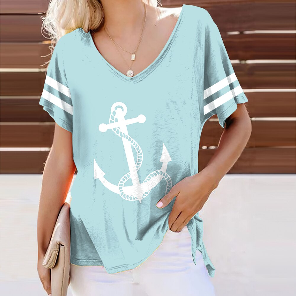 Summer Shirts Women T Shirt Short Sleeve Tops Anchor Graphic Clothing Everyday Streetwear V-Neck Pullovers For Women's Tees 2023