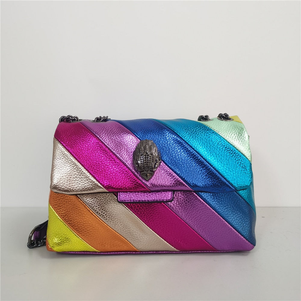 Rainbow Wave Pattern Women Handbag Eagle Head On The Front Flap Jointing Colorful Cross Body Bag Patchwork Pu Leather