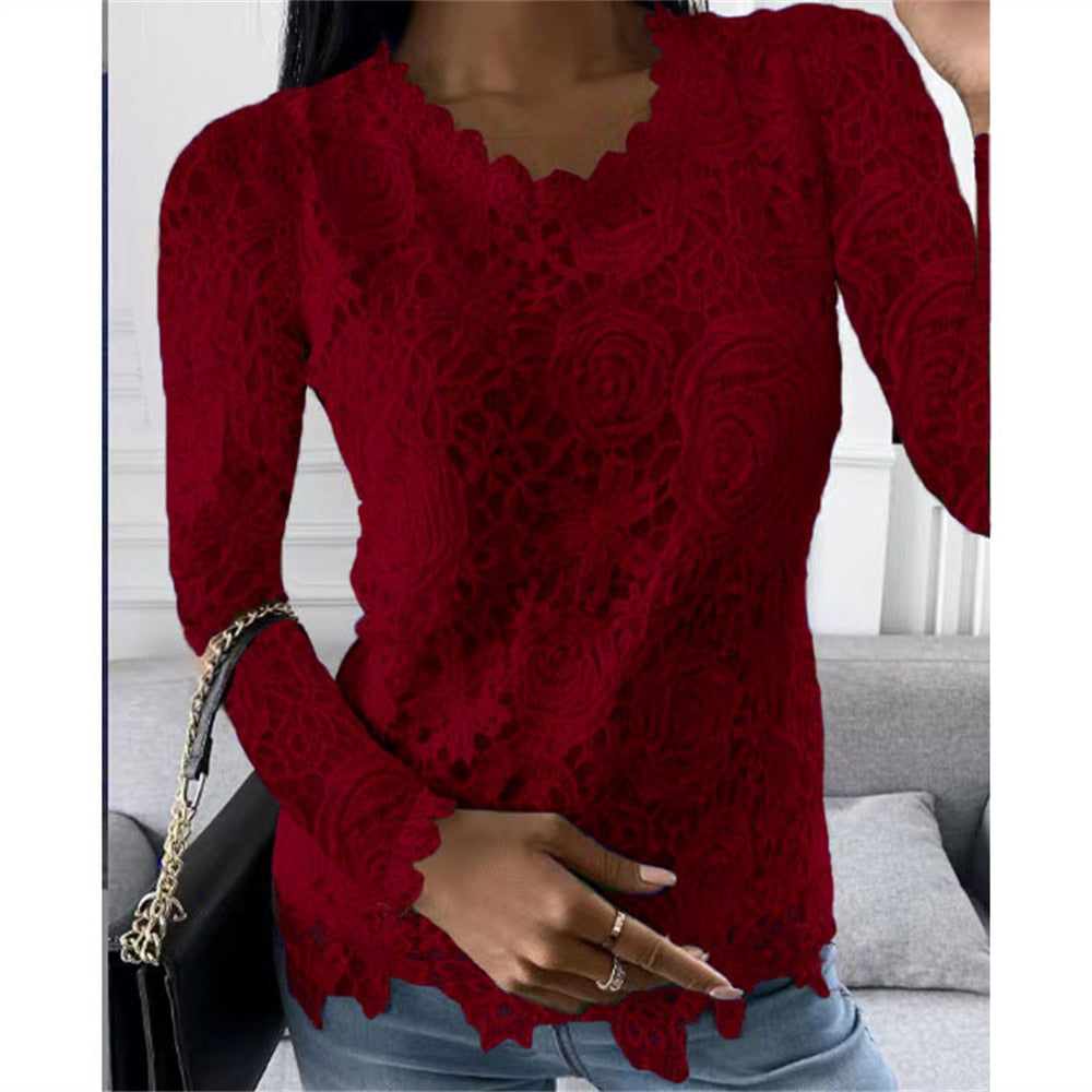 2022 Autumn New Fashion Blouse Tops Women Long Sleeve Lace Patchwork Blouse Ladies Casual Sexy V-Neck Solid Color Street Shirt