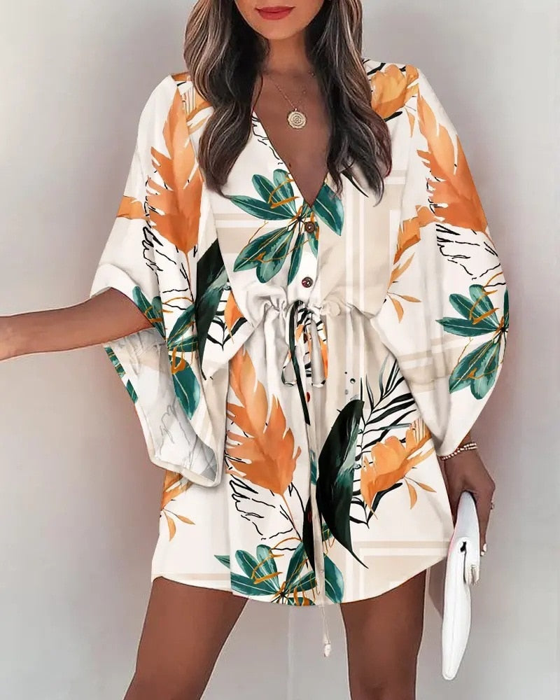 Women Batwing Sleeve Dresses Boho Leaf Print V-Neck Irregular Loose Mini Dress Female Sexy Lace-Up Waist Beach Dress Vestido