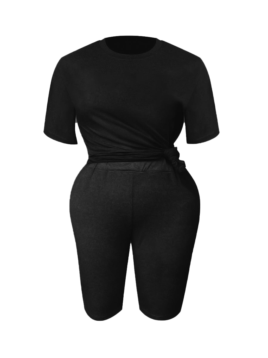 LW Plus Size Summer Women's Suit Short Sleeve Top and Pants Two-piece set Casual women sportswear set Slim Two-piece Suit