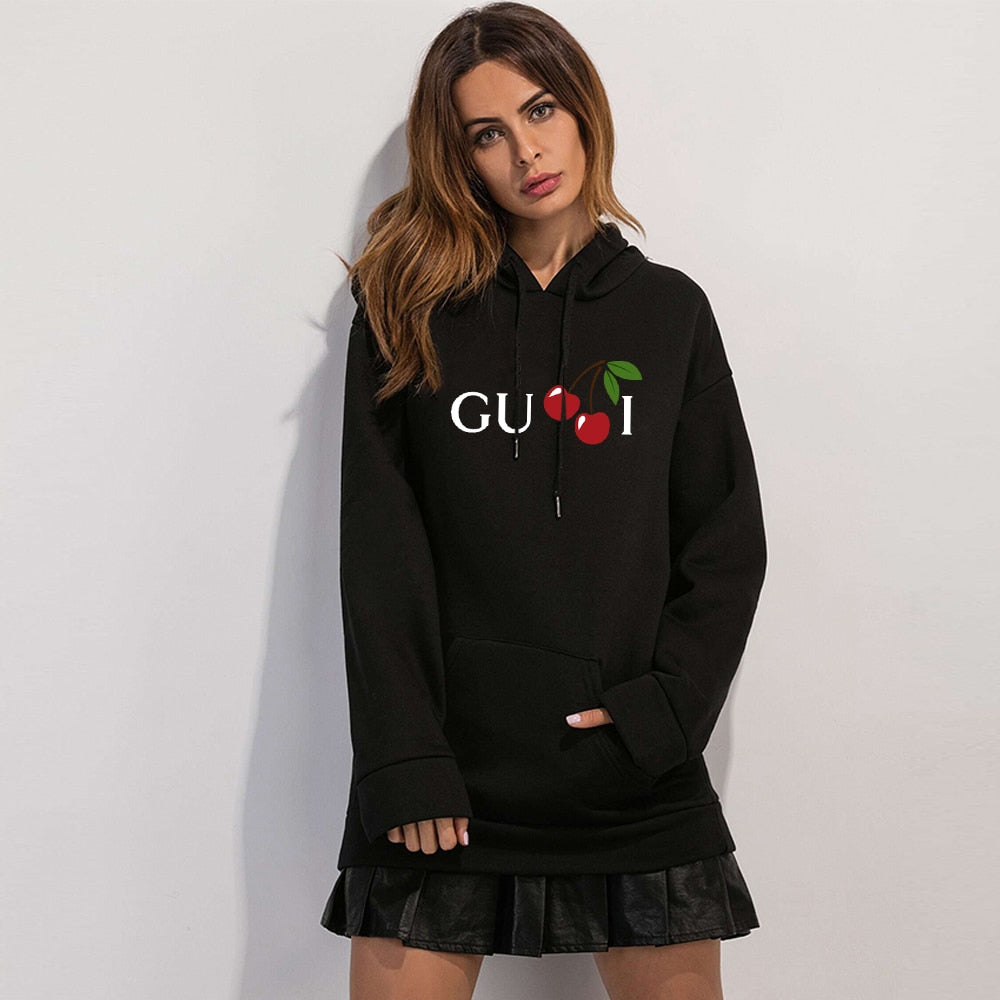 Women Cherry Cute Letter Print Sweatshirt Hoody Hoodies Solid Long Sleeve O Neck Brand Ladies Top Fashion Streetwear Clothing