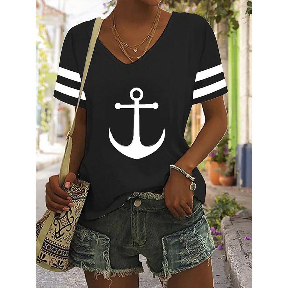 Summer Shirts Women T Shirt Short Sleeve Tops Anchor Graphic Clothing Everyday Streetwear V-Neck Pullovers For Women's Tees 2023