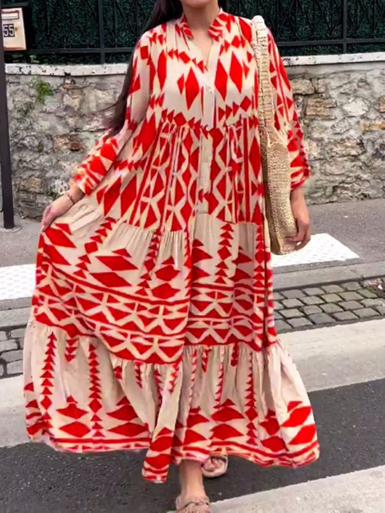 Retro Print Shirt Dress Women Button Up Long Blouse Dress Ladies Oversize Loose Dress Female Fashion V Neck Long Sleeve Dress