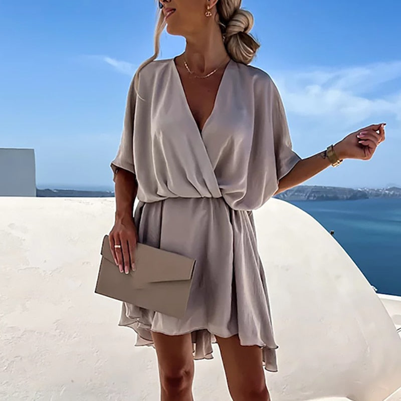 Sexy V Neck Dresses For Women Elegant Short Sleeve Solid A-line Loose Mini Dress Women Casual Beach Party Dress Boho 2022