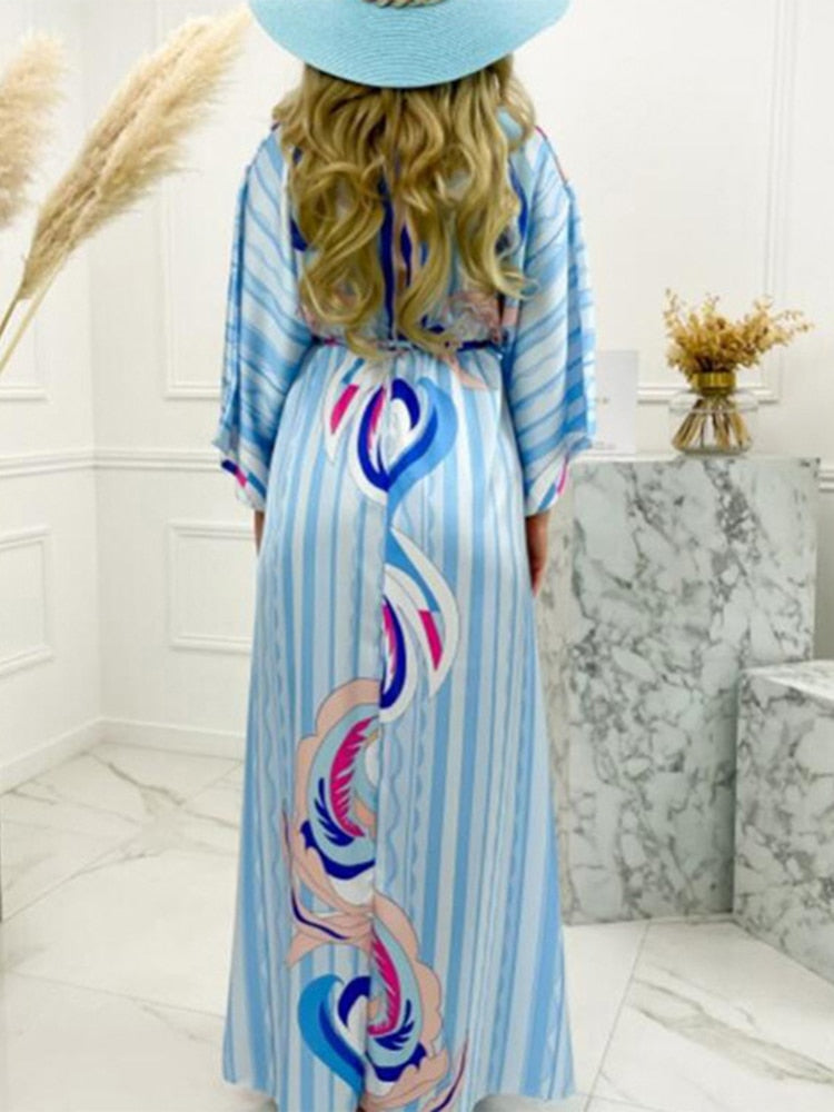 Summer Print Casual Women Dresses Oversized Holiday Beach Dress Boho Long Cover-Up Dress Female Long Sleeve Loose Tunic Dress