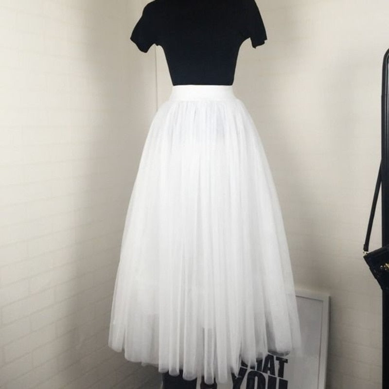 3 layers Midi Summer Tulle Skirt Women 2023 Ladies Casual White Black High Waist Pleated Sun School Long Skirt Female