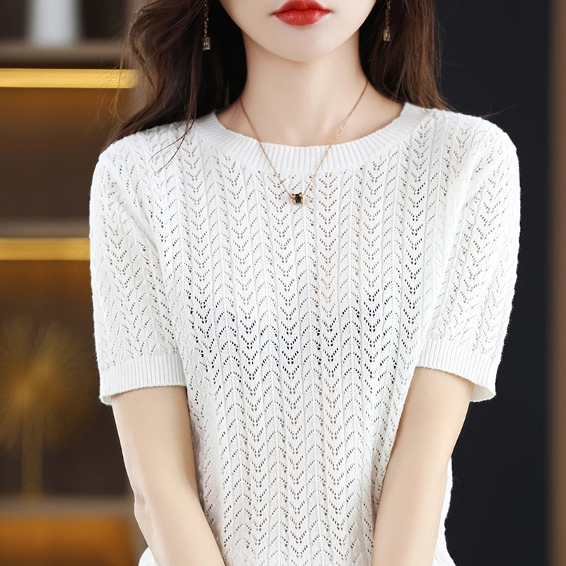 100% Pure Cotton T-Shirts Women's Round Neck Strands Empty Pullover Top Casual Knit Loose Top Summer Mesh Fashion Short Sleeves