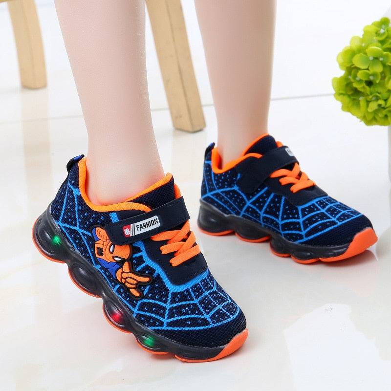 Marvel Spiderman LED Shoes Kids Glowing Sneakers Breathable Mesh Sports Soft Light Up Shoes Baby Girls Boys Children Toys Gift