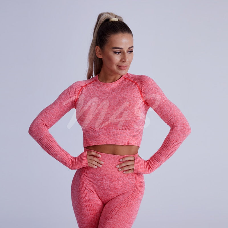 Ensemble Female 2 Pieces Yoga Set Women Seamless Thumb Hole Gym Workout Fitness Clothes Sportswear Long Sleeve Crop Top Leggings