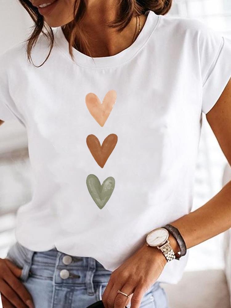 Short Sleeve Casual Ladies Fashion Female Graphic Tee Women Love Heart Watercolor Sweet Print Summer T Clothing T-shirts