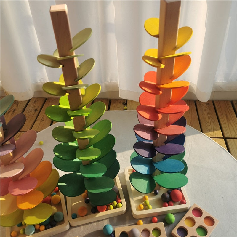 High Quality Rainbow Music Sounding Trees Wooden Petals Assembly Marble Run BallsTracking Kids Educational Toys