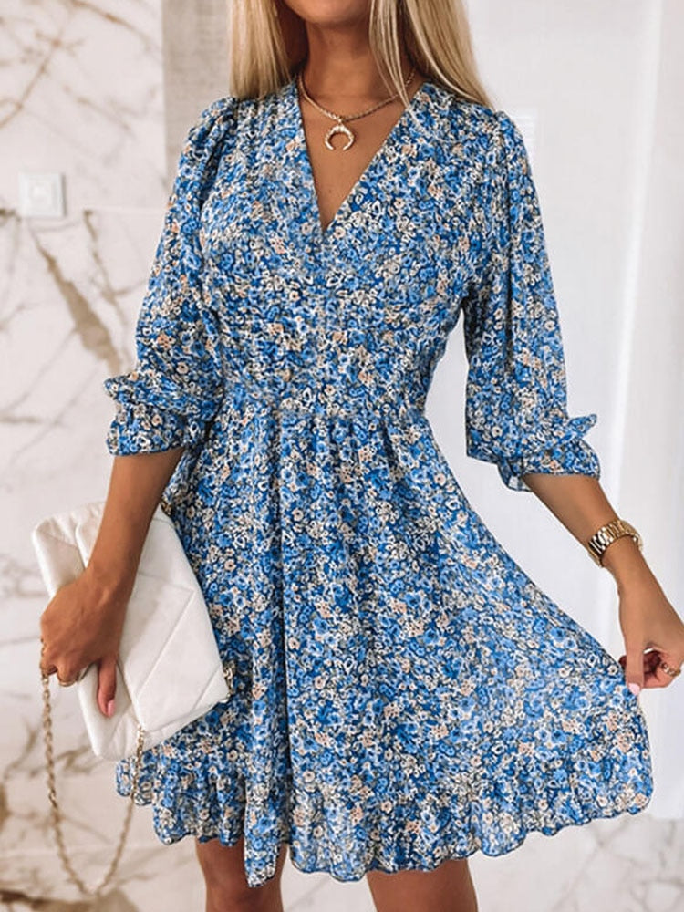 Women Floral Print Dress 2023 New Summer Sexy V-Neck Boho Half Sleeve A-Line Short Dress Female Elegant Beach Dresses Vestidos