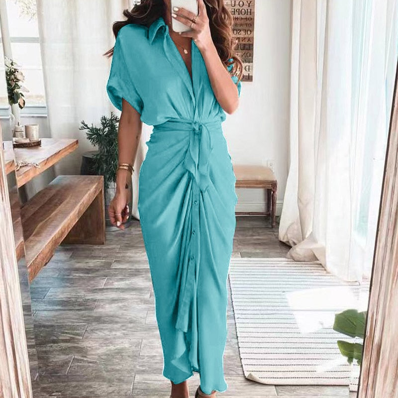 Women Elegant Shirt Dress Summer Fashion Printed Button Ruched Bandage Long Dresses Female Solid V Neck Beach Dress Casual Robe