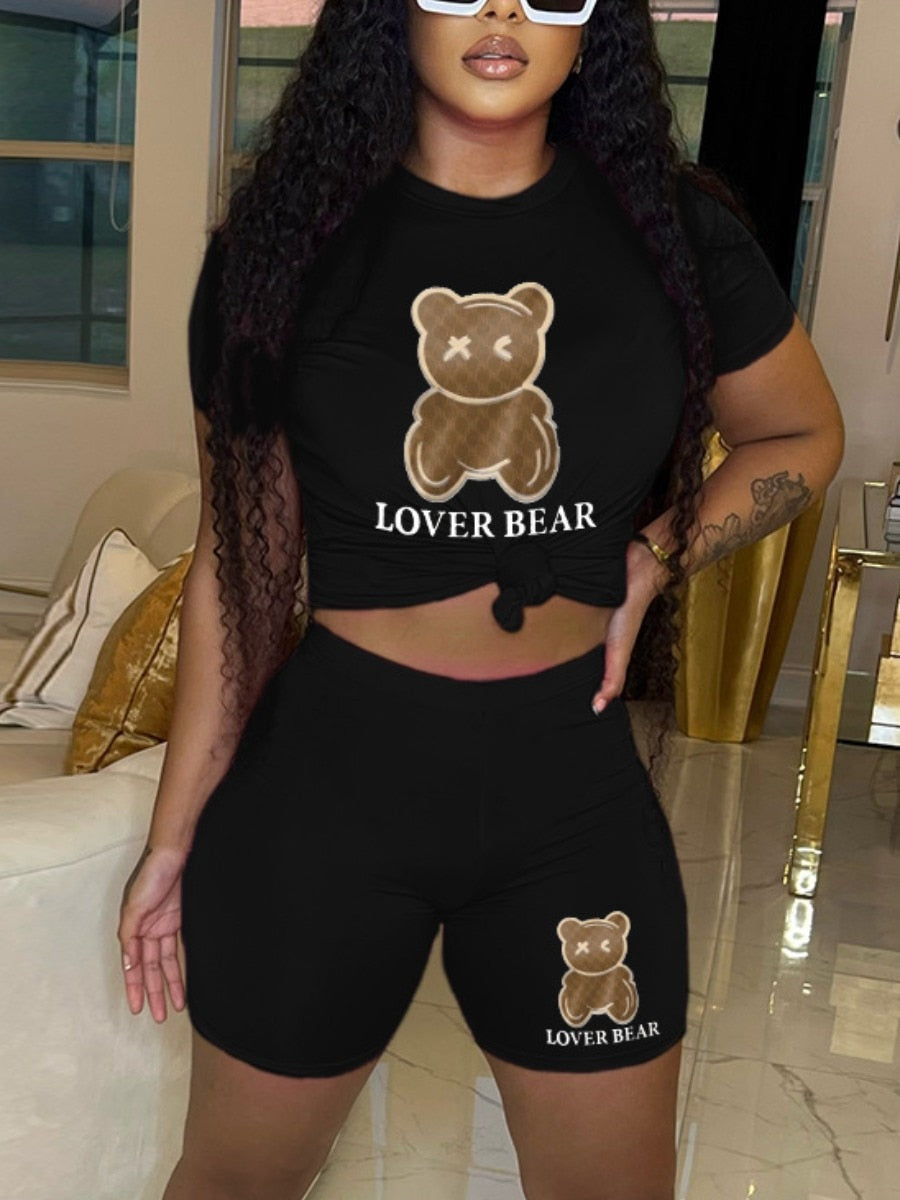 LW Geometric Bear Print Shorts Set O Neck Short Sleeve Basic T-shirt+Mixed Print Hipster Bottoms Two Pieces Women/Men 2PCs