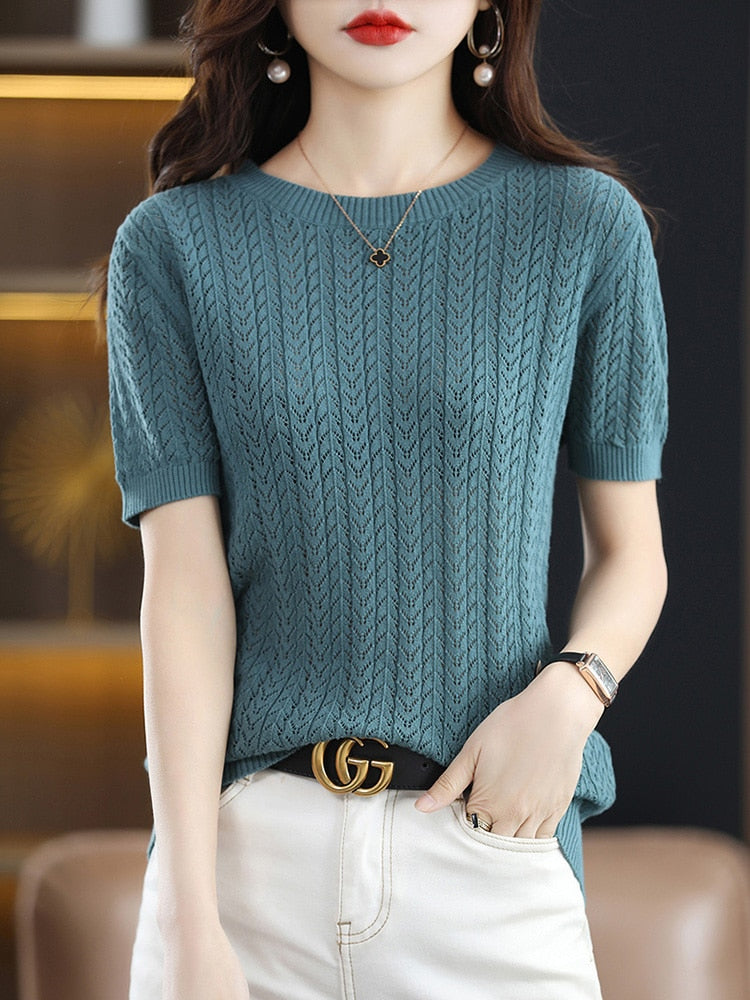 100% Pure Cotton T-Shirts Women's Round Neck Strands Empty Pullover Top Casual Knit Loose Top Summer Mesh Fashion Short Sleeves