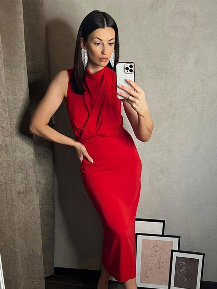 Cut Out Pleat Midi Dress women Elegant Sleeveless Half High Collar Solid Red Robe Fashion Ladies Wedding Evening Party Dresses