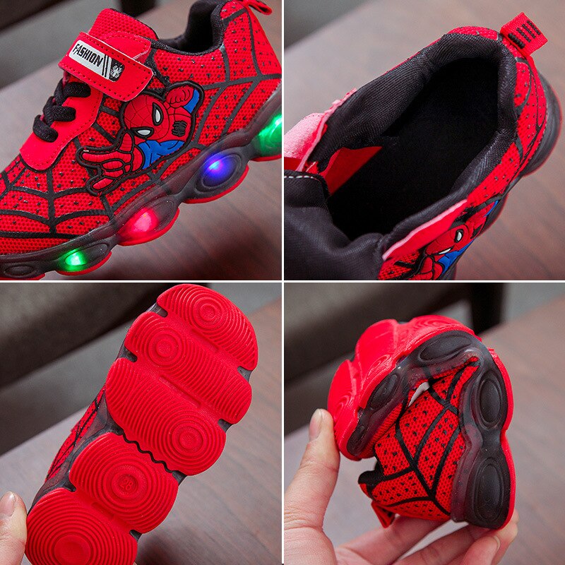 Marvel Spiderman LED Shoes Kids Glowing Sneakers Breathable Mesh Sports Soft Light Up Shoes Baby Girls Boys Children Toys Gift